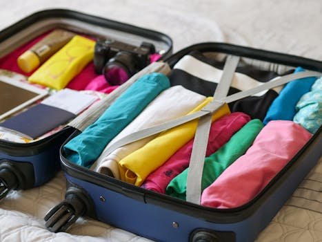 Open suitcase neatly packed with colorful clothes and travel essentials.